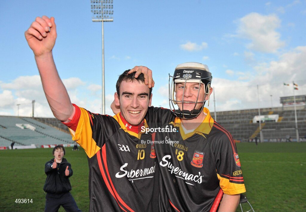 27 February 2011; Mark Carmody, left, and Jack Kelleher, Ardscoil Ris, celebrate after victory over Charleville CBS. Dr. Harty Cup Final, Ardscoil Ris v Charleville CBS, Gaelic Grounds, Limerick. Picture credit: Diarmuid Greene / SPORTSFILE