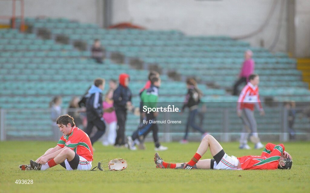 27 February 2011; Mark Kavanagh, left, and Mark O'Loughlin, Charleville CBS, show their disappointment at the final whislte. Dr. Harty Cup Final, Ardscoil Ris v Charleville CBS, Gaelic Grounds, Limerick. Picture credit: Diarmuid Greene / SPORTSFILE