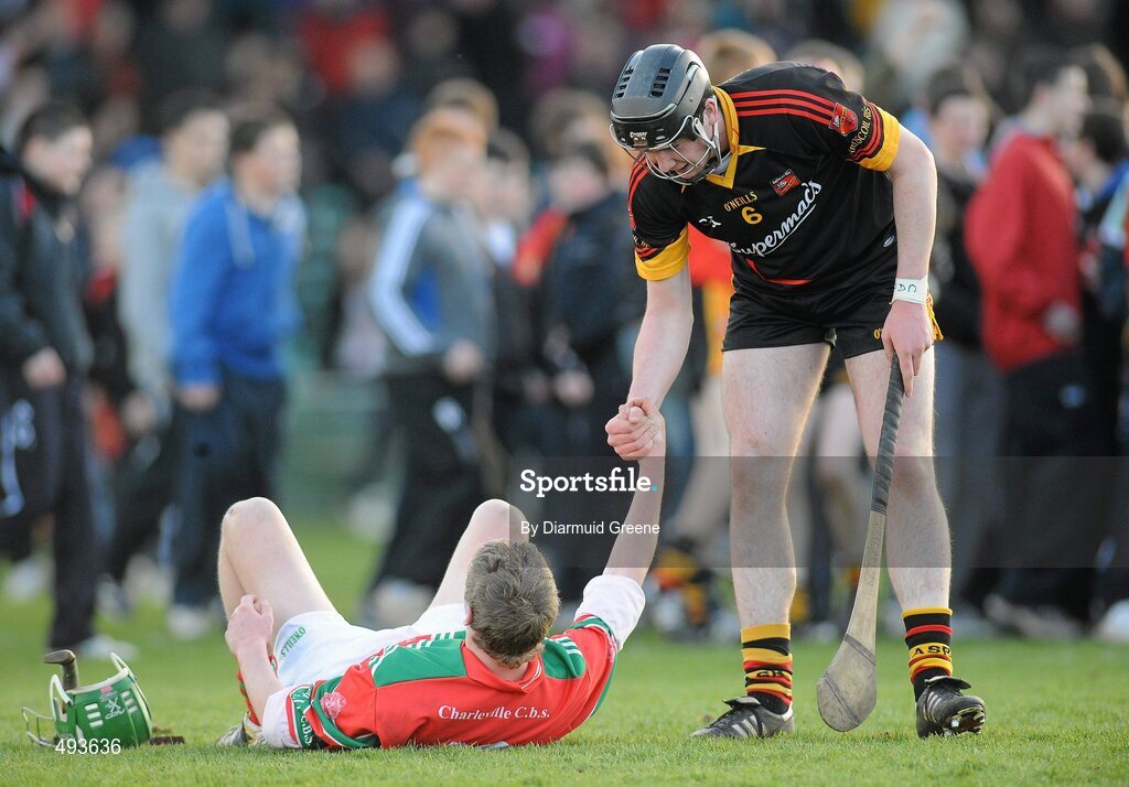27 February 2011; Declan Hannon, Ardscoil Ris, comiserates with Timmy Rae, Charleville CBS, after the game. Dr. Harty Cup Final, Ardscoil Ris v Charleville CBS, Gaelic Grounds, Limerick. Picture credit: Diarmuid Greene / SPORTSFILE