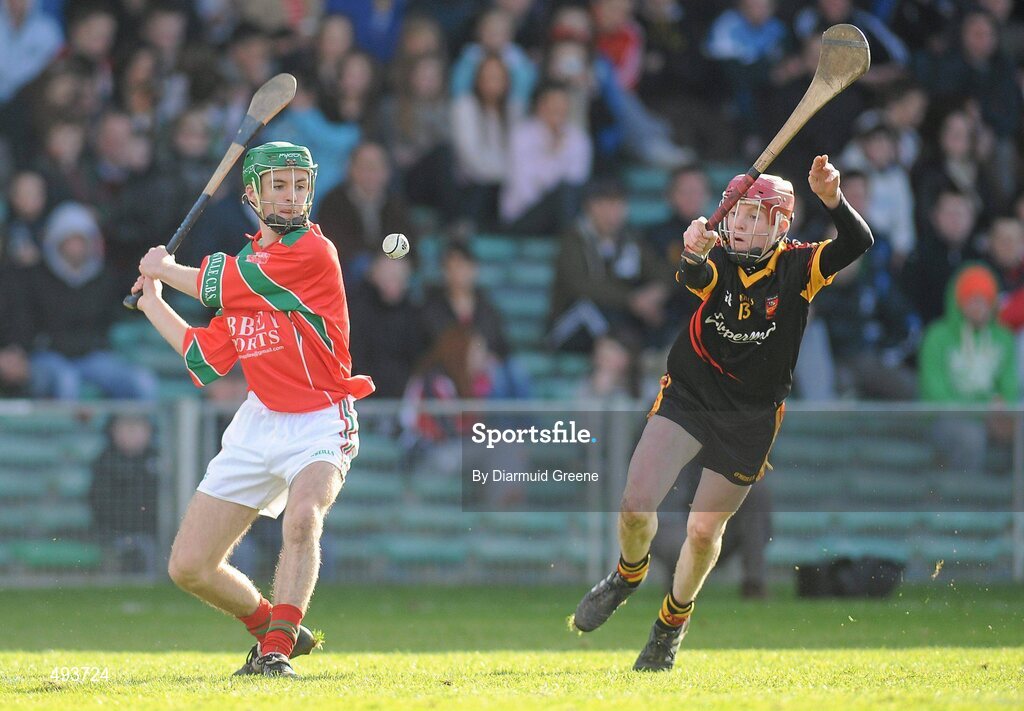27 February 2011; Conor Twomey, Charleville CBS, in action against Kevin O'Brien, Ardscoil Ris. Dr. Harty Cup Final, Ardscoil Ris v Charleville CBS, Gaelic Grounds, Limerick. Picture credit: Diarmuid Greene / SPORTSFILE