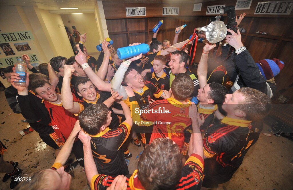 27 February 2011; The Ardscoil Ris team celebrate in the dressing room with manager Niall Moran after victory over Charleville CBS in the Dr. Harty Cup Final match between Ardscoil Ris and Charleville CBS at Gaelic Grounds in Limerick. Photo by Diarmuid Greene/Sportsfile