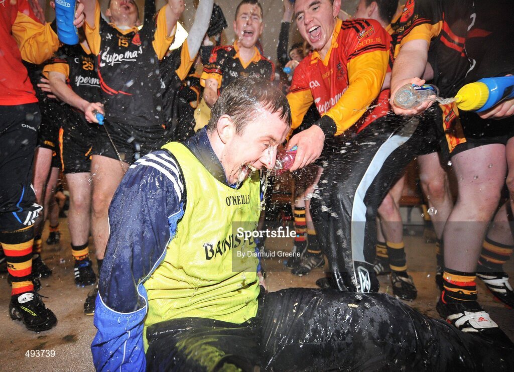 27 February 2011; The Ardscoil Ris team celebrate with manager and teacher Niall Moran in their dressing room after victory over Charleville CBS. Dr. Harty Cup Final, Ardscoil Ris v Charleville CBS, Gaelic Grounds, Limerick. Picture credit: Diarmuid Greene / SPORTSFILE