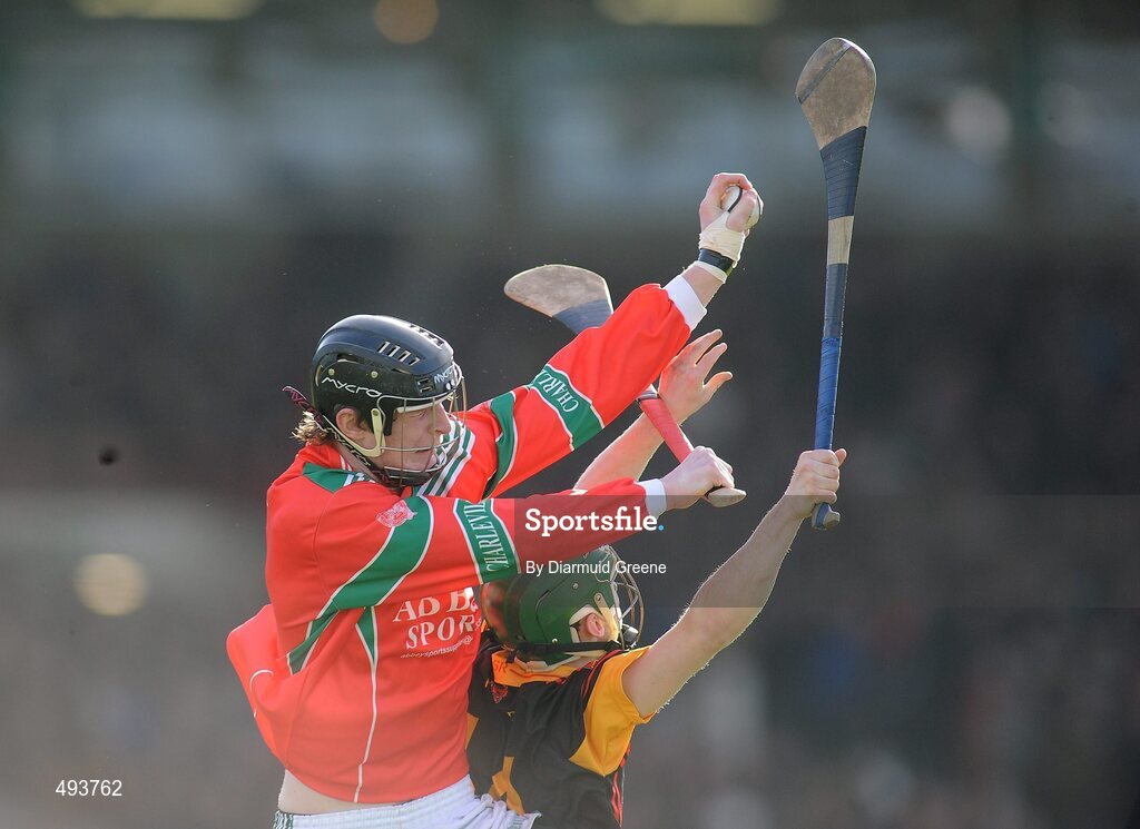 27 February 2011; John Madigan, Charleville CBS, in action against Oisin Hickey, Ardscoil Rís. Dr. Harty Cup Final, Ardscoil Ris v Charleville CBS, Gaelic Grounds, Limerick. Picture credit: Diarmuid Greene / SPORTSFILE
