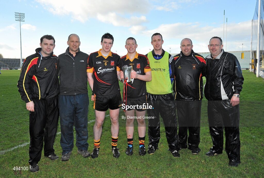 27 February 2011; Ardscoil Rís joint captains Declan Hannon, left, and Shane Dowling with members of their managment team, from left to right, Liam Cronin, Paul Murray, Niall Moran, Derek Larkin, and Jimmy Browne, after victory over Charleville CBS. Dr. Harty Cup Final, Ardscoil Ris v Charleville CBS, Gaelic Grounds, Limerick. Picture credit: Diarmuid Greene / SPORTSFILE
