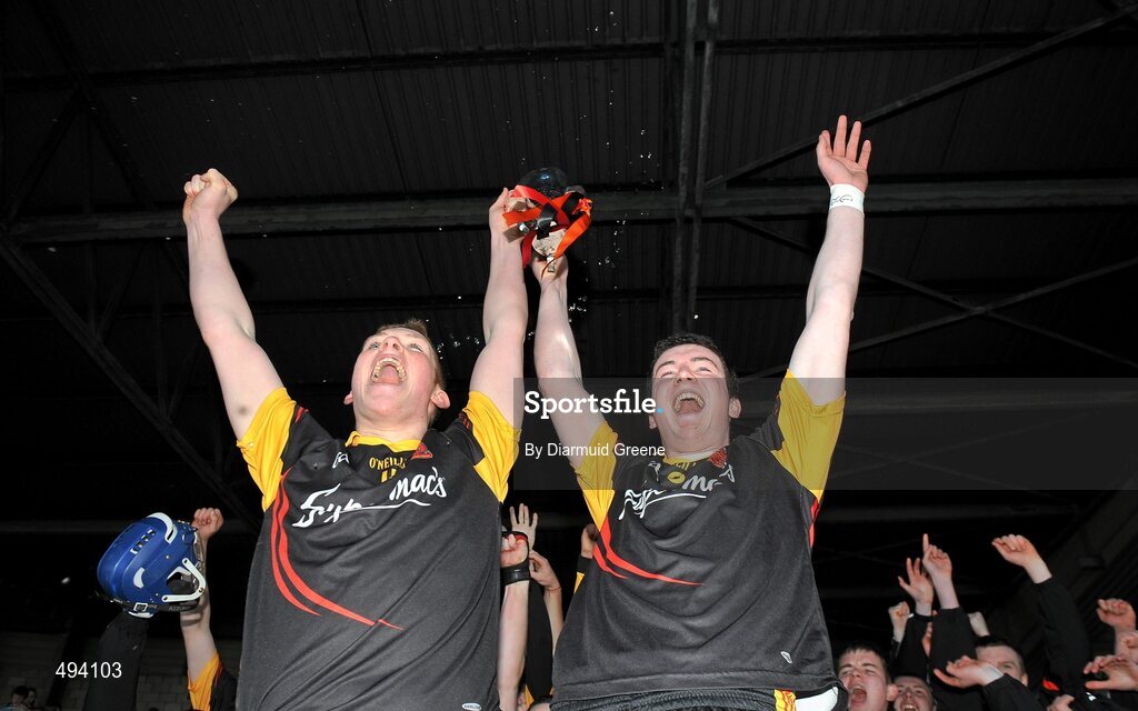 27 February 2011; Ardscoil Rís joint captains Shane Dowling, left, and Declan Hannon lift the cup after victory over Charleville CBS. Dr. Harty Cup Final, Ardscoil Ris v Charleville CBS, Gaelic Grounds, Limerick. Picture credit: Diarmuid Greene / SPORTSFILE