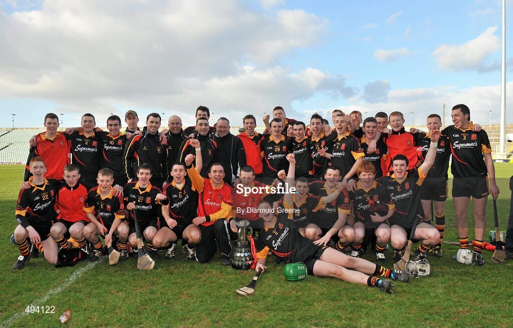 27 February 2011; The Ardscoil Rís team and management celebrate with the cup after victory over Charleville CBS. Dr. Harty Cup Final, Ardscoil Ris v Charleville CBS, Gaelic Grounds, Limerick. Picture credit: Diarmuid Greene / SPORTSFILE