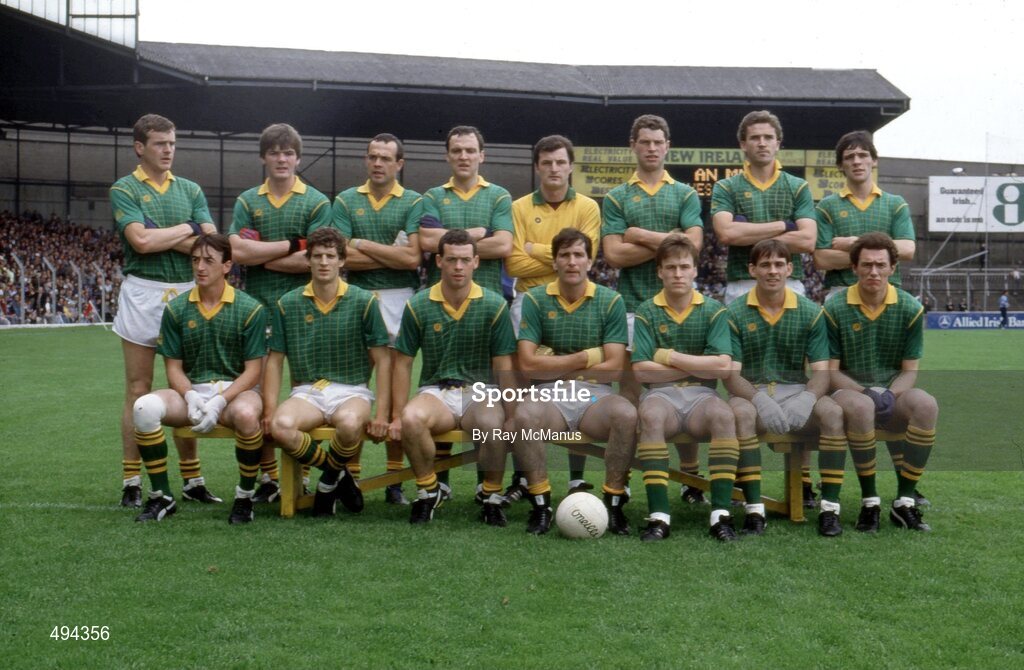 27 July 1986; The Meath team. Back row, from left to right, Colm O'Rourke, P.J. Gillick, Mick Lyons, Gerry McEntee, Michael McQuillan, Liam Harnan, Liam Hayes and David Beggy, front row, from left to right, Colm Coyle, Terry Ferguson, Padraig Lyons, Joe Cassells, Bernard Flynn, Finian Murtagh and Brian Stafford. Leinster Senior Football Final, Meath v Dublin, Croke Park, Dublin. Picture credit; Ray McManus / SPORTSFILE