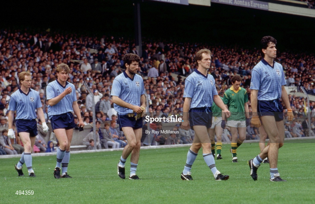 27 July 1986; Members of the Dublin team during the pre-match parade, from left, Barney Rock, Charlie Redmond, Kieran Duff, Leo Close and Jim Bissett. Leinster Senior Football Final, Meath v Dublin, Croke Park, Dublin. Picture credit; Ray McManus / SPORTSFILE