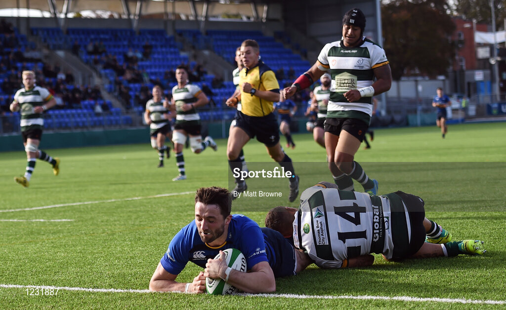 22 October 2016; Barry Daly of Leinster A scores a try despite the tackle from Jimmy Stephenson of Nottingham Rugby during the British & Irish Cup Pool 4 match between Leinster A and Nottingham Rugby at Donnybrook Stadium in Donnybrook, Dublin. Photo by Matt Browne/Sportsfile