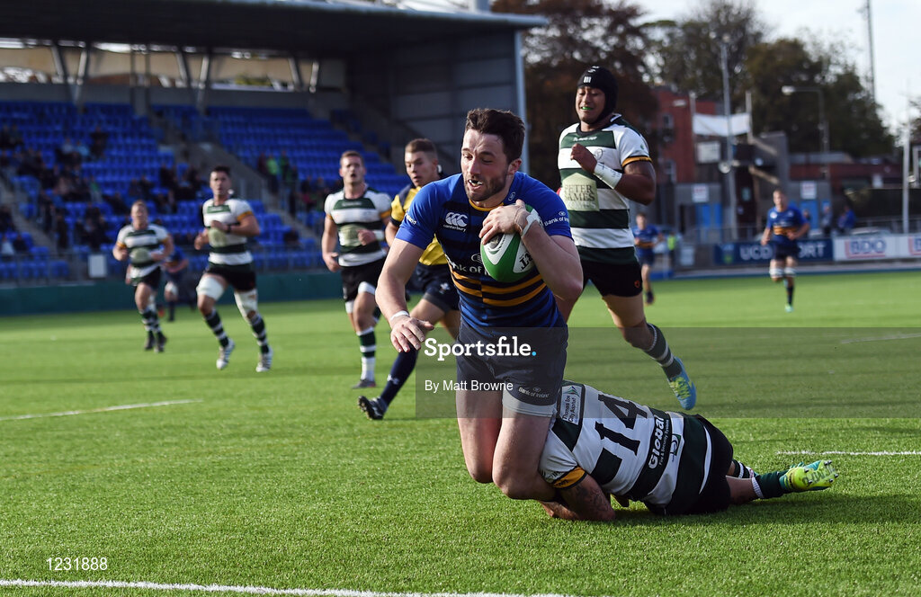 22 October 2016; Barry Daly of Leinster A on his way to scoring a try despite the tackle from Jimmy Stephenson of Nottingham Rugby during the British & Irish Cup Pool 4 match between Leinster A and Nottingham Rugby at Donnybrook Stadium in Donnybrook, Dublin. Photo by Matt Browne/Sportsfile