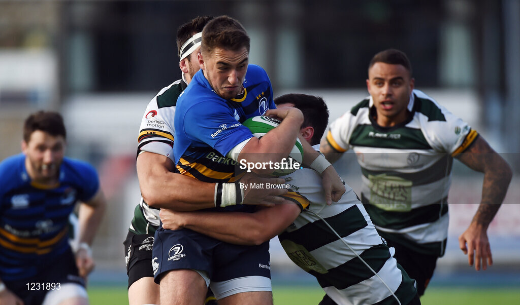22 October 2016; Jack Power of Leinster A is tackled by Rob Langley, left, and Will Millett of Nottingham Rugby during the British & Irish Cup Pool 4 match between Leinster A and Nottingham Rugby at Donnybrook Stadium in Donnybrook, Dublin. Photo by Matt Browne/Sportsfile