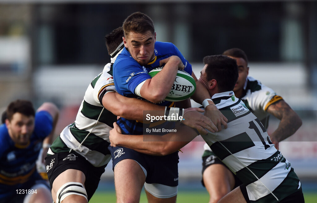22 October 2016; Jack Power of Leinster A is tackled by Rob Langley, left, and Will Millett of Nottingham Rugby during the British & Irish Cup Pool 4 match between Leinster A and Nottingham Rugby at Donnybrook Stadium in Donnybrook, Dublin. Photo by Matt Browne/Sportsfile
