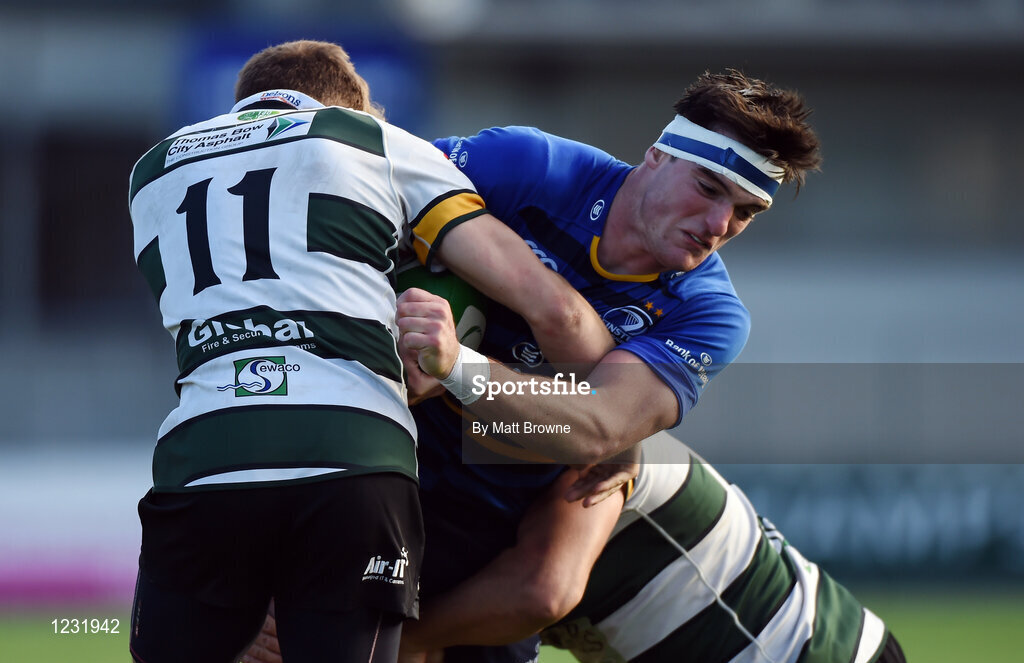 22 October 2016; Tom Daly of Leinster A is tackled by David Williams ,11, and Kieran Stevens of Nottingham Rugby during the British & Irish Cup Pool 4 match between Leinster A and Nottingham Rugby at Donnybrook Stadium in Donnybrook, Dublin. Photo by Matt Browne/Sportsfile