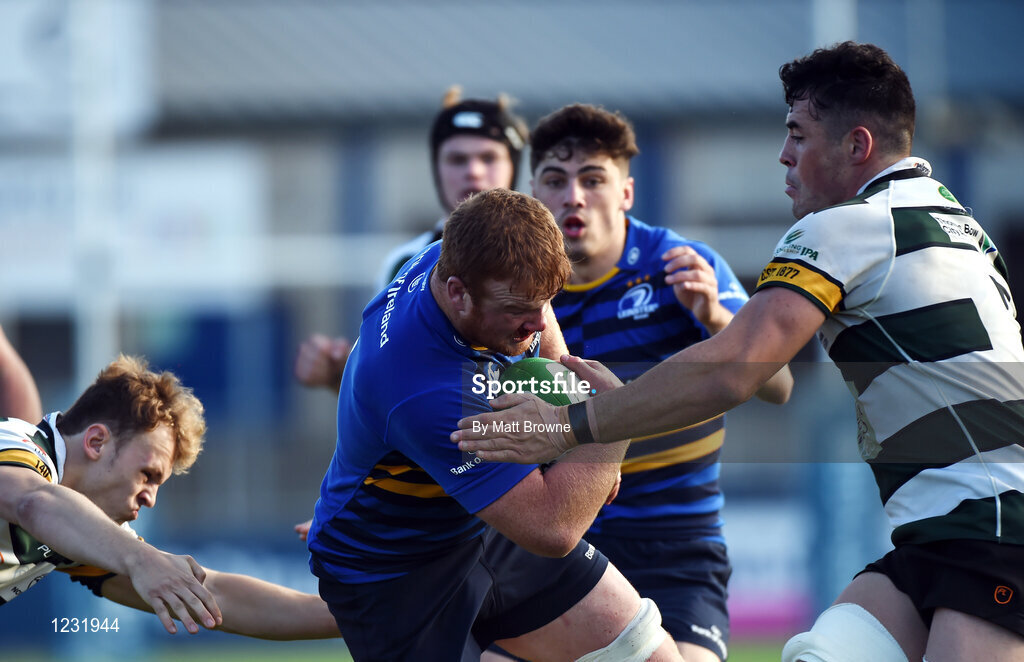 22 October 2016; Peadar Timmins of Leinster A is tackled by David Williams and Jordan Coghlan of Nottingham Rugby during the British & Irish Cup Pool 4 match between Leinster A and Nottingham Rugby at Donnybrook Stadium in Donnybrook, Dublin. Photo by Matt Browne/Sportsfile