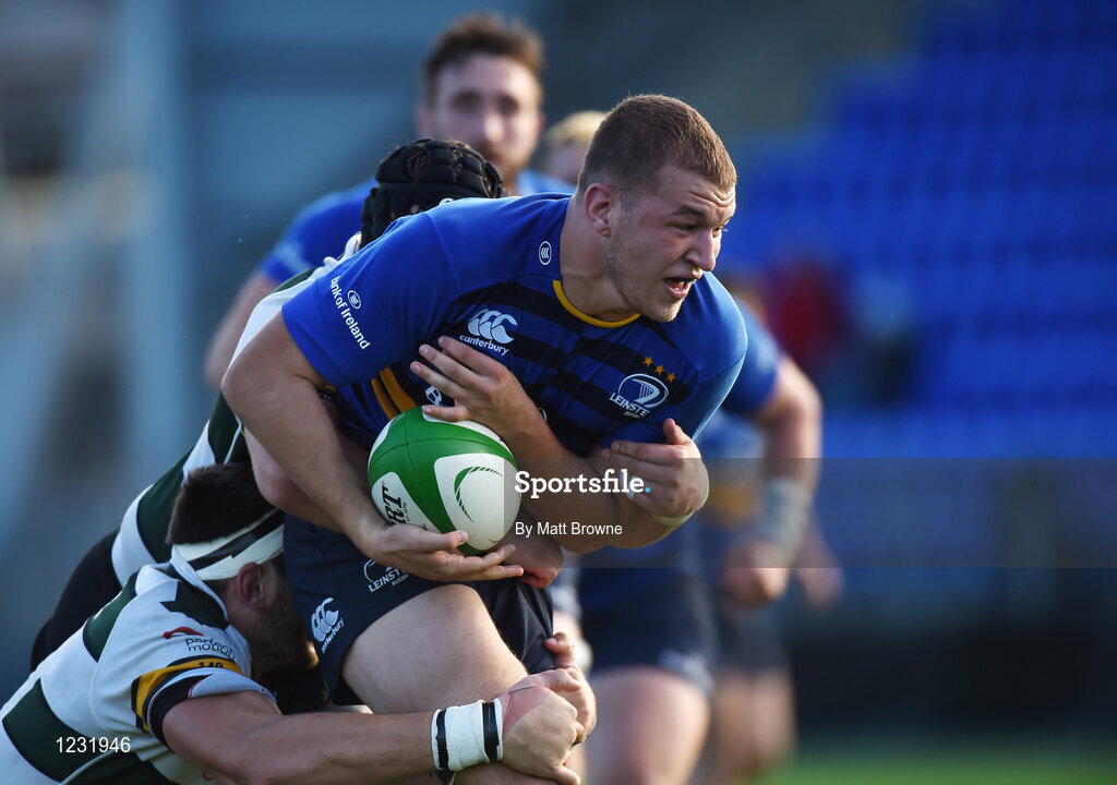 22 October 2016; Ross Molony of Leinster A is tackled by Rob Langley and Kieran Davies of Nottingham Rugby during the British & Irish Cup Pool 4 match between Leinster A and Nottingham Rugby at Donnybrook Stadium in Donnybrook, Dublin. Photo by Matt Browne/Sportsfile