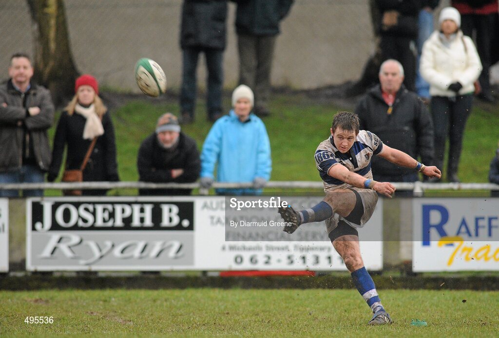 16 February 2011; Brian Haugh, Rockwell College, kicks a conversion. Avonmore Milk Munster Schools Senior Cup, Ardscoil Ris v Rockwell College, Clanwilliam RFC, Tipperary Town, Tipperary. Picture credit: Diarmuid Greene / SPORTSFILE