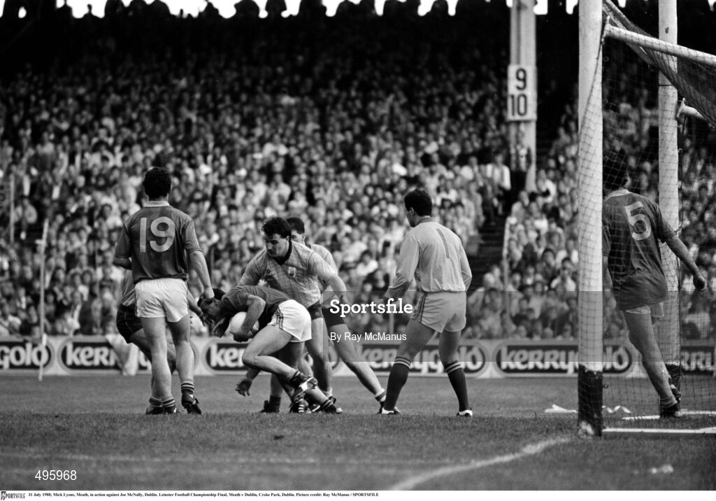 31 July 1988; Mick Lyons of Meath in action against Joe McNally of Dublin during the Leinster Football Championship Final match between Meath and Dublin at Croke Park, Dublin. Photoby Ray McManus/Sportsfile
