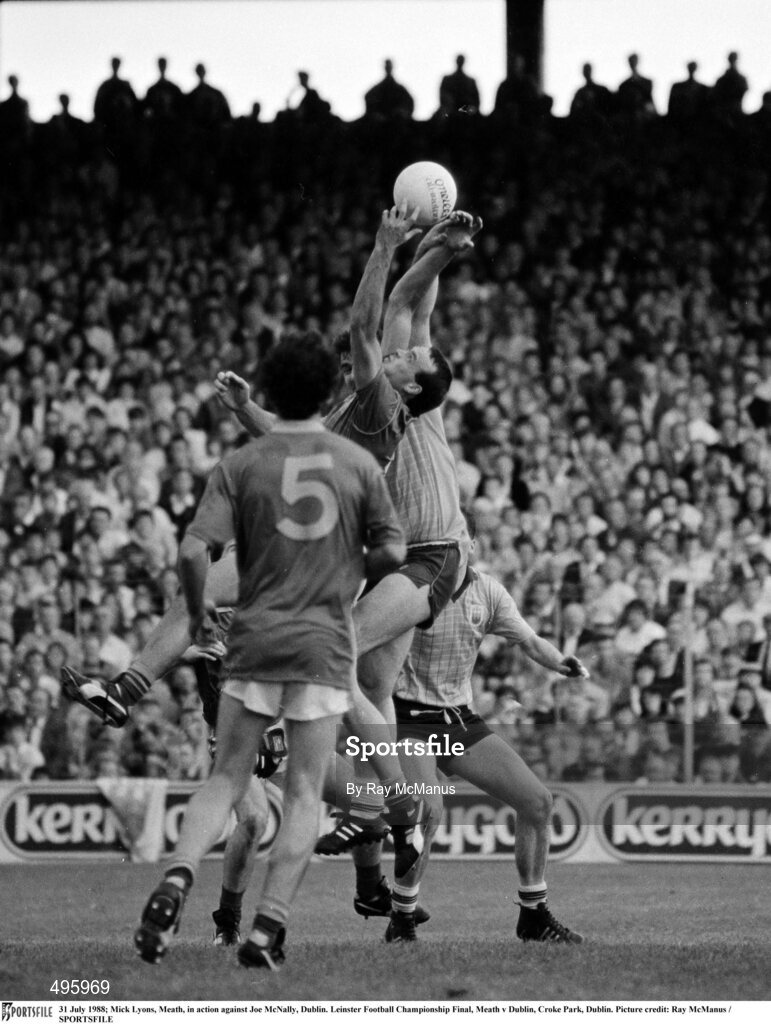 31 July 1988; Mick Lyons of Meath in action against Joe McNally of Dublin during the Leinster Football Championship Final match between Meath and Dublin at Croke Park, Dublin. Photo by Ray McManus/Sportsfile