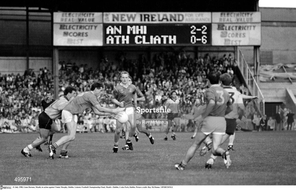 31 July 1988; Liam Harnan of Meath in action against Vinnie Murphy of Dublin during the Leinster Football Championship Final match between Meath and Dublin at Croke Park, Dublin. Photoby Ray McManus/Sportsfile