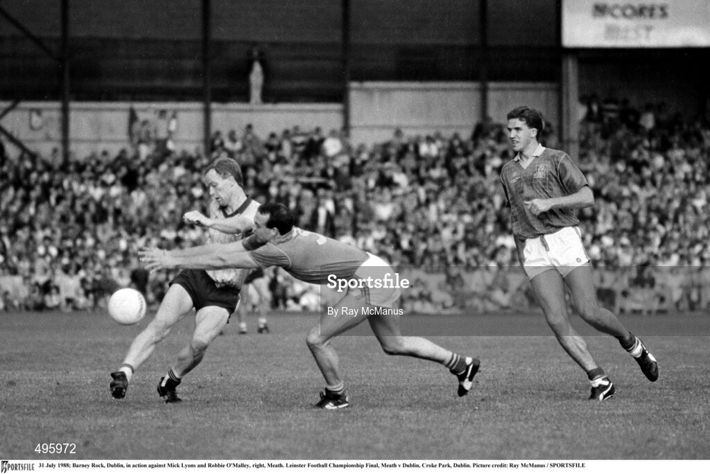 31 July 1988; Barney Rock of Dublin in action against Mick Lyons, left, and Robbie O'Malley ogMeath during the Leinster Football Championship Final match between Meath and Dublin at Croke Park, Dublin. Photoby Ray McManus/Sportsfile