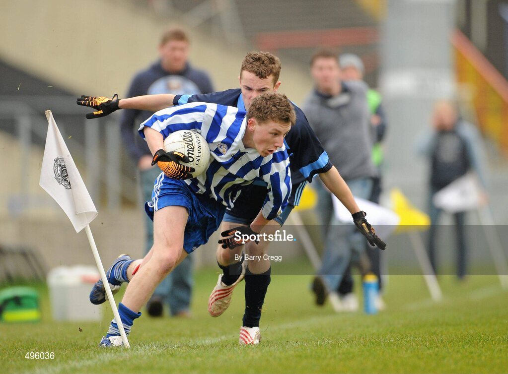 8 March 2011; Brendan McCrea, Colaiste Bhride Carnew, Co. Wicklow, in action against Stephen Wren, Gallen Community School, Ferbane, Co. Offaly. Leinster Vocational Schools Senior Football “A” Final, Colaiste Bhride Carnew, Co. Wicklow v Gallen Community School, Ferbane, Co. Offaly, O’Moore Park, Portlaoise, Co. Laois. Picture credit: Barry Cregg / SPORTSFILE