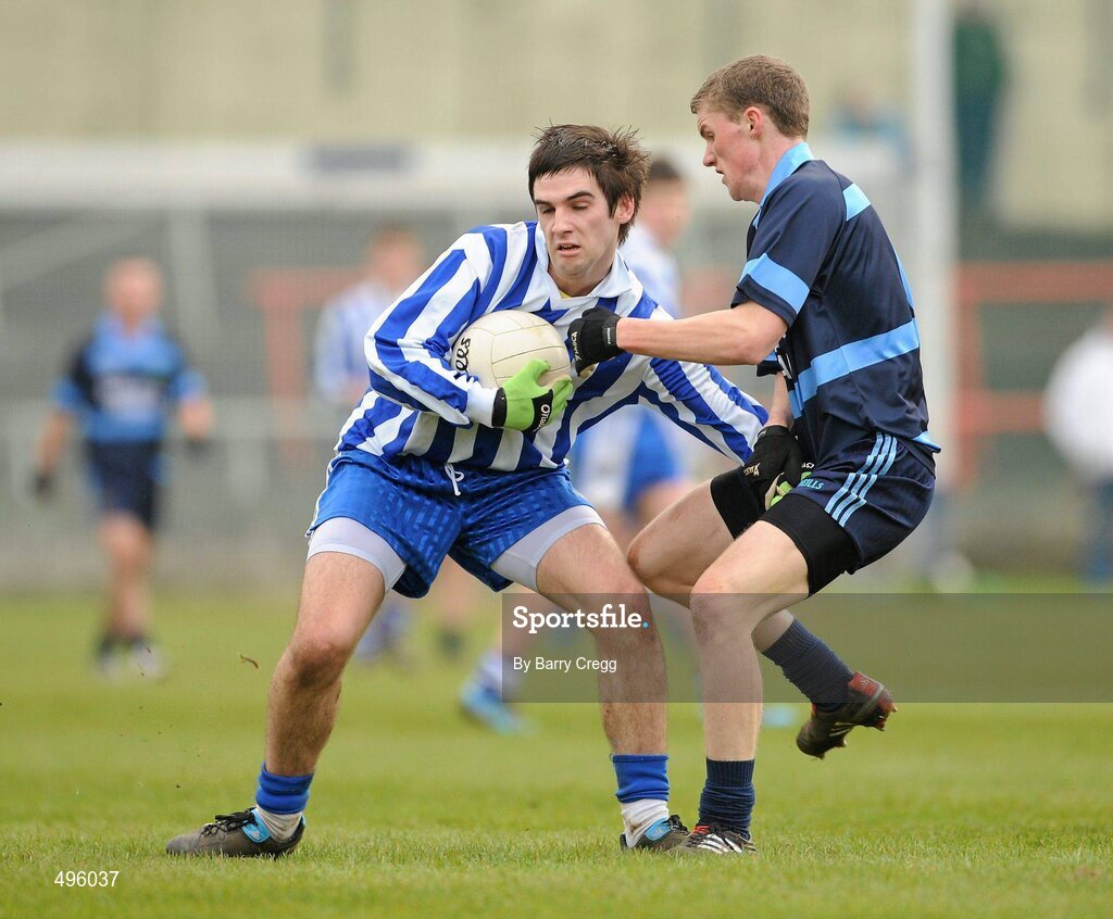 8 March 2011; Conor Levingstone, Colaiste Bhride Carnew, Co. Wicklow, in action against Daragh Corbett, Gallen Community School, Ferbane, Co. Offaly. Leinster Vocational Schools Senior Football “A” Final, Colaiste Bhride Carnew, Co. Wicklow v Gallen Community School, Ferbane, Co. Offaly, O’Moore Park, Portlaoise, Co. Laois. Picture credit: Barry Cregg / SPORTSFILE