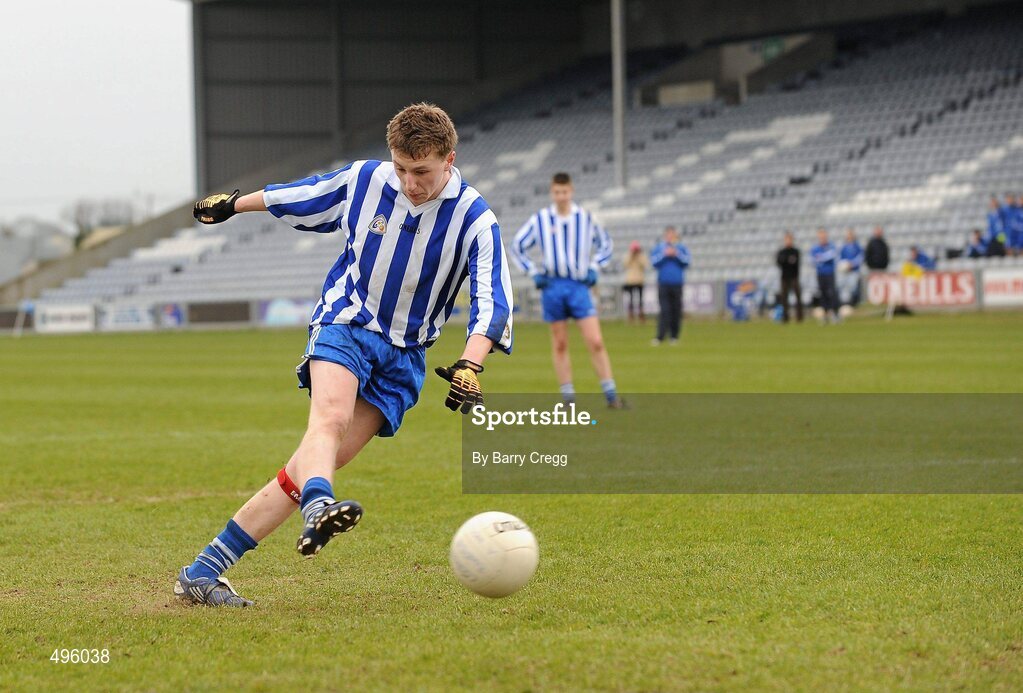 8 March 2011; Brendan McCrea, Colaiste Bhride Carnew, Co. Wicklow, shoots to score his side's first goal from the penalty spot. Leinster Vocational Schools Senior Football “A” Final, Colaiste Bhride Carnew, Co. Wicklow v Gallen Community School, Ferbane, Co. Offaly, O’Moore Park, Portlaoise, Co. Laois. Picture credit: Barry Cregg / SPORTSFILE