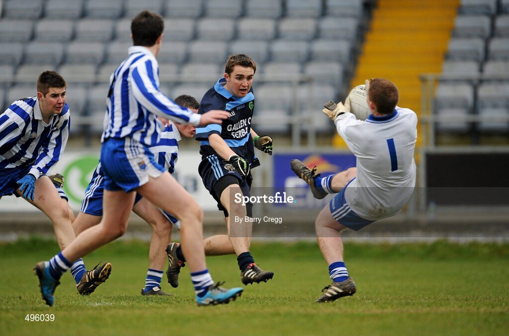 8 March 2011; Eoghan Lowry, Gallen Community School, Ferbane, Co. Offaly, shot is saved by Colaiste Bhride Carnew, Co. Wicklow goalkeeper William Lillis. Leinster Vocational Schools Senior Football “A” Final, Colaiste Bhride Carnew, Co. Wicklow v Gallen Community School, Ferbane, Co. Offaly, O’Moore Park, Portlaoise, Co. Laois. Picture credit: Barry Cregg / SPORTSFILE