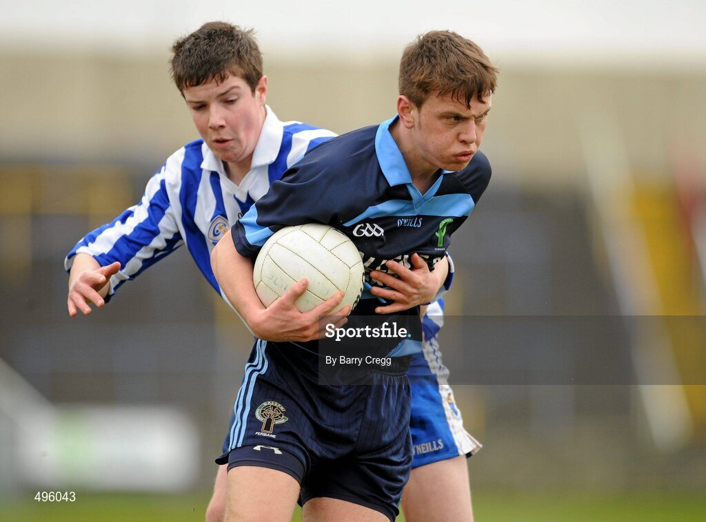8 March 2011; Joe Maher, Gallen Community School, Ferbane, Co. Offaly, in action against Cillian O'Toole, Colaiste Bhride Carnew, Co. Wicklow. Leinster Vocational Schools Senior Football “A” Final, Colaiste Bhride Carnew, Co. Wicklow v Gallen Community School, Ferbane, Co. Offaly, O’Moore Park, Portlaoise, Co. Laois. Picture credit: Barry Cregg / SPORTSFILE