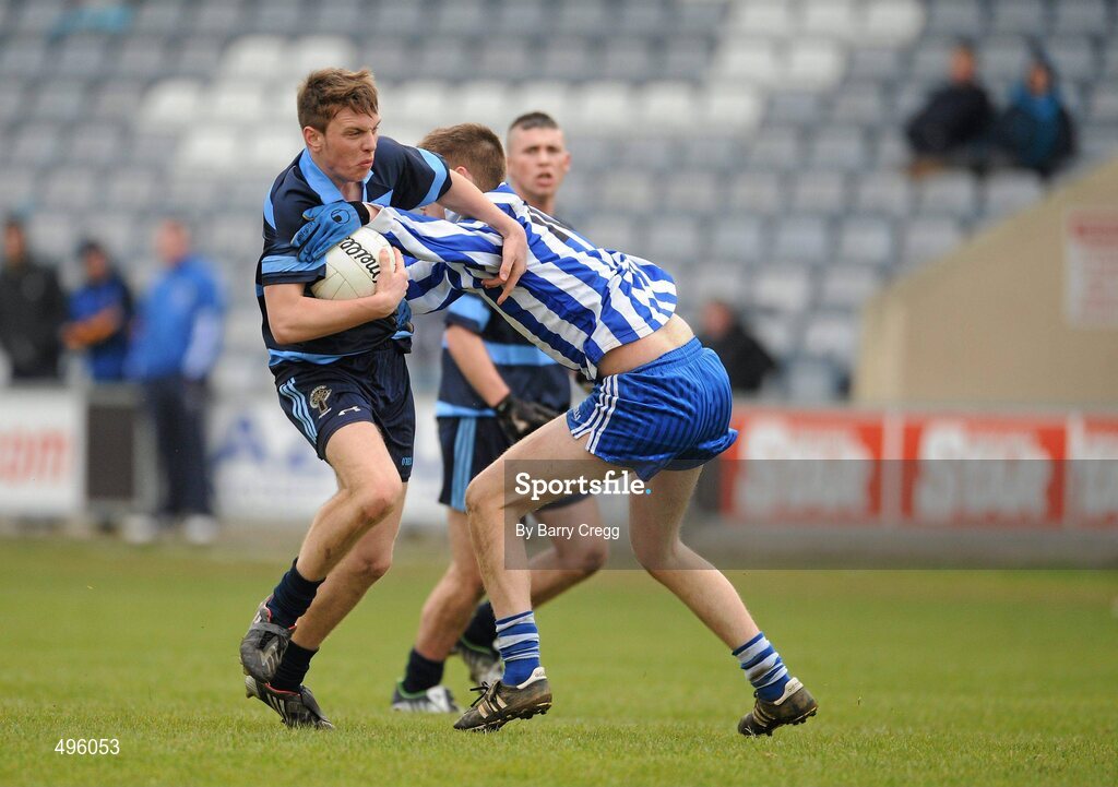 8 March 2011; Joe Maher, Gallen Community School, Ferbane, Co. Offaly, in action against Dean O'Toole, Colaiste Bhride Carnew, Co. Wicklow. Leinster Vocational Schools Senior Football “A” Final, Colaiste Bhride Carnew, Co. Wicklow v Gallen Community School, Ferbane, Co. Offaly, O’Moore Park, Portlaoise, Co. Laois. Picture credit: Barry Cregg / SPORTSFILE