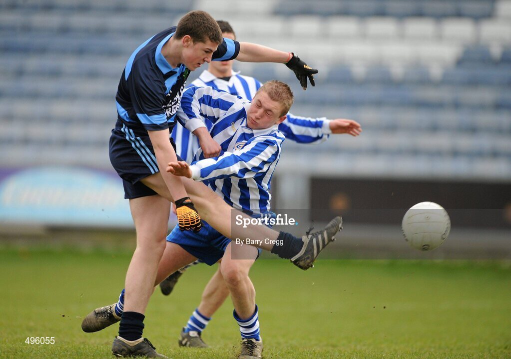 8 March 2011; Daragh Keenaghan, Gallen Community School, Ferbane, Co. Offaly, in action against Johnathan Smith, Colaiste Bhride Carnew, Co. Wicklow. Leinster Vocational Schools Senior Football “A” Final, Colaiste Bhride Carnew, Co. Wicklow v Gallen Community School, Ferbane, Co. Offaly, O’Moore Park, Portlaoise, Co. Laois. Picture credit: Barry Cregg / SPORTSFILE