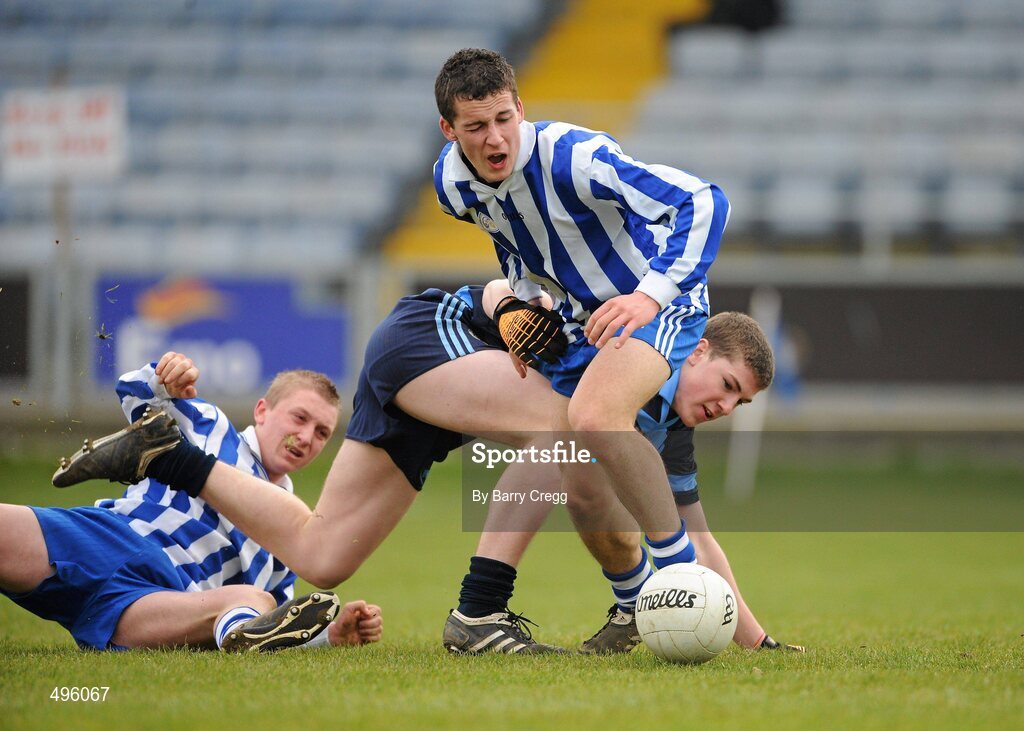 8 March 2011; Michael Lyons, Colaiste Bhride Carnew, Co. Wicklow, in action against Daragh Keenaghan, Gallen Community School, Ferbane, Co. Offaly. Leinster Vocational Schools Senior Football “A” Final, Colaiste Bhride Carnew, Co. Wicklow v Gallen Community School, Ferbane, Co. Offaly, O’Moore Park, Portlaoise, Co. Laois. Picture credit: Barry Cregg / SPORTSFILE