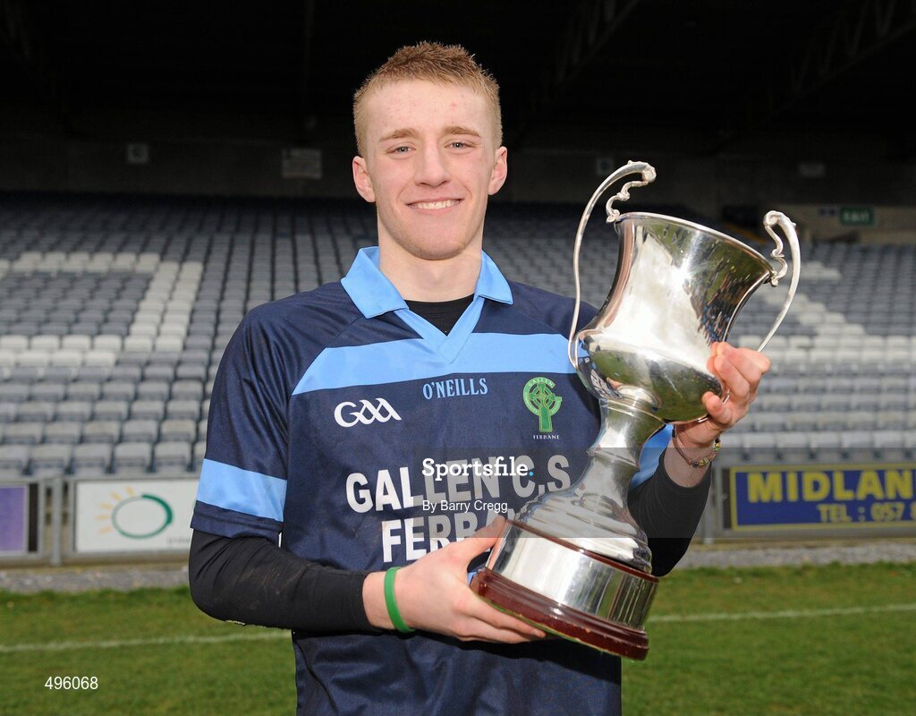 8 March 2011; Gallen Community School, Ferbane, Co. Offaly, captain Conor Lowry with the cup after the game. Leinster Vocational Schools Senior Football “A” Final, Colaiste Bhride Carnew, Co. Wicklow v Gallen Community School, Ferbane, Co. Offaly, O’Moore Park, Portlaoise, Co. Laois. Picture credit: Barry Cregg / SPORTSFILE