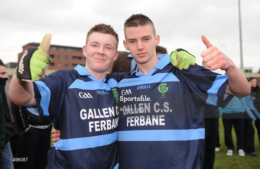 8 March 2011; Team-mates Darren Kelly, left, and PJ Kideny, Gallen Community School, Ferbane, Co. Offaly, celebrate victory after the game. Leinster Vocational Schools Senior Football “A” Final, Colaiste Bhride Carnew, Co. Wicklow v Gallen Community School, Ferbane, Co. Offaly, O’Moore Park, Portlaoise, Co. Laois. Picture credit: Barry Cregg / SPORTSFILE
