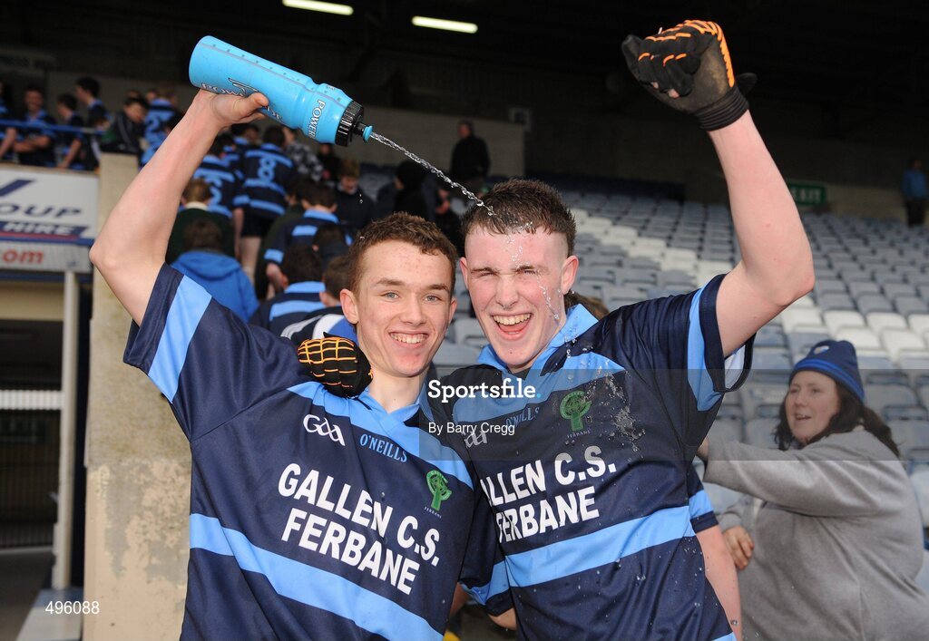 8 March 2011; Team-mates Stephen Wren, left, and Shane Costello Gallen Community School, Ferbane, Co. Offaly, celebrate victory after the game. Leinster Vocational Schools Senior Football “A” Final, Colaiste Bhride Carnew, Co. Wicklow v Gallen Community School, Ferbane, Co. Offaly, O’Moore Park, Portlaoise, Co. Laois. Picture credit: Barry Cregg / SPORTSFILE