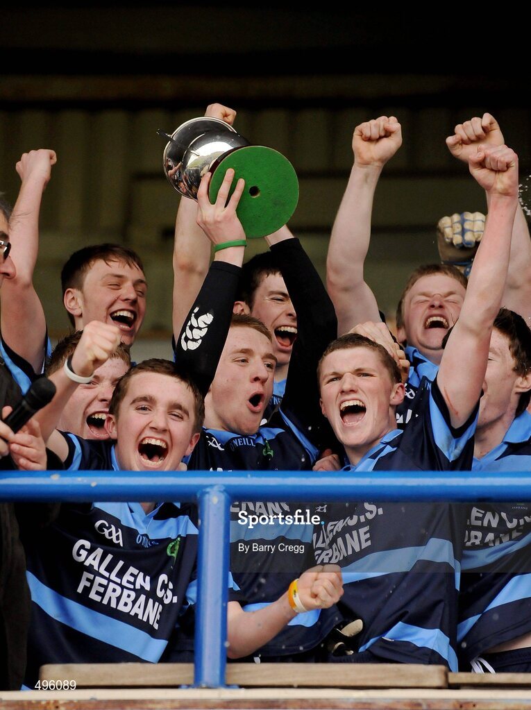 8 March 2011; Gallen Community School, Ferbane, Co. Offaly, captain Conor Lowry lifts the cup after the game with team-mates Eoghan Lowry, left, and Daragh Corbett, right. Leinster Vocational Schools Senior Football “A” Final, Colaiste Bhride Carnew, Co. Wicklow v Gallen Community School, Ferbane, Co. Offaly, O’Moore Park, Portlaoise, Co. Laois. Picture credit: Barry Cregg / SPORTSFILE