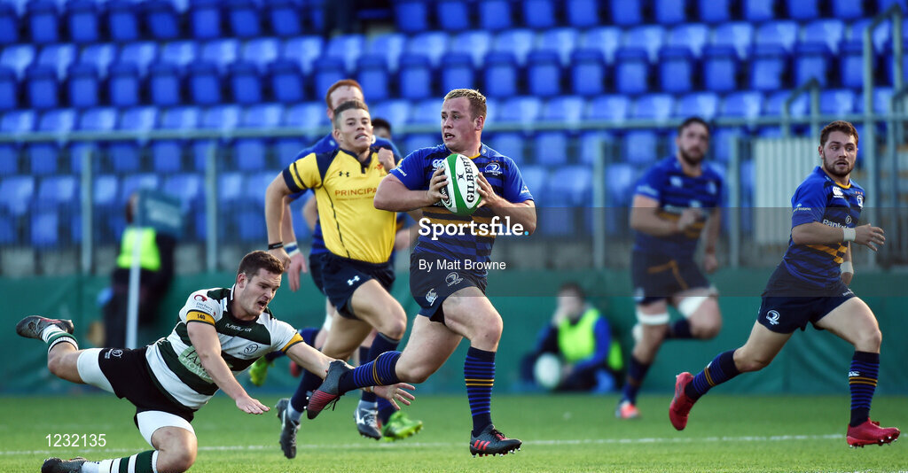 22 October 2016; Bryan Byrne of Leinster A goes past the tackle of George Worth of Nottingham Rugby during the British & Irish Cup Pool 4 match between Leinster A and Nottingham Rugby at Donnybrook Stadium in Donnybrook, Dublin. Photo by Matt Browne/Sportsfile