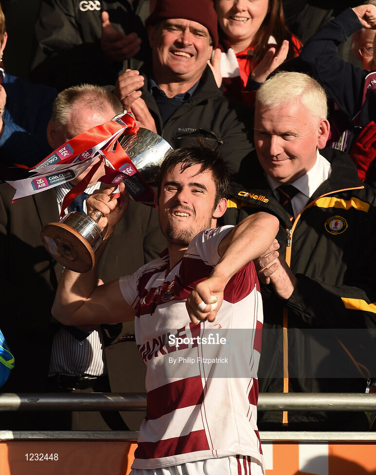 23 October 2016; Slaughtneil Emmetts captain Chris McKaigue lifting the cup after the AIB Ulster GAA Hurling Senior Club Championship Final game between Loughgiel Shamrocks and Slaughtneil Emmetts at the Athletic Grounds in Armagh. Photo by Philip Fitzpatrick/Sportsfile