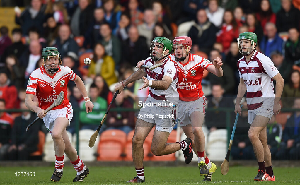 23 October 2016; Shay Casey of Loughgiel Shamrocks in action against Sean Cassidy of Slaughtneil Emmetts during the AIB Ulster GAA Hurling Senior Club Championship Final game between Loughgiel Shamrocks and Slaughtneil Emmetts at the Athletic Grounds in Armagh. Photo by Philip Fitzpatrick/Sportsfile
