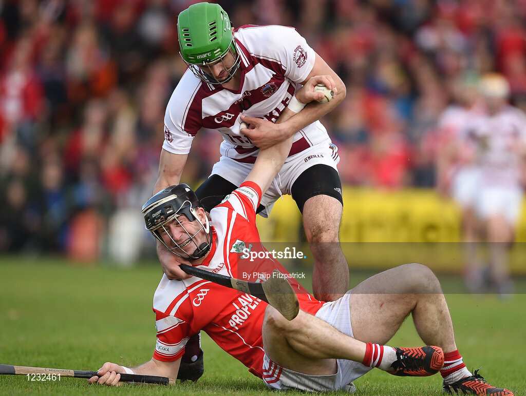 23 October 2016; Eddie McCloskey of Loughgiel Shamrocks in action against Chris McKaigue of Slaughtneil Emmetts during the AIB Ulster GAA Hurling Senior Club Championship Final game between Loughgiel Shamrocks and Slaughtneil Emmetts at the Athletic Grounds in Armagh. Photo by Philip Fitzpatrick/Sportsfile