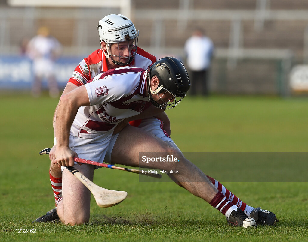 23 October 2016; Tiernan Coyle of Loughgiel Shamrocks in action against Se McGuigan of Slaughtneil Emmetts during the AIB Ulster GAA Hurling Senior Club Championship Final game between Loughgiel Shamrocks and Slaughtneil Emmetts at the Athletic Grounds in Armagh. Photo by Philip Fitzpatrick/Sportsfile