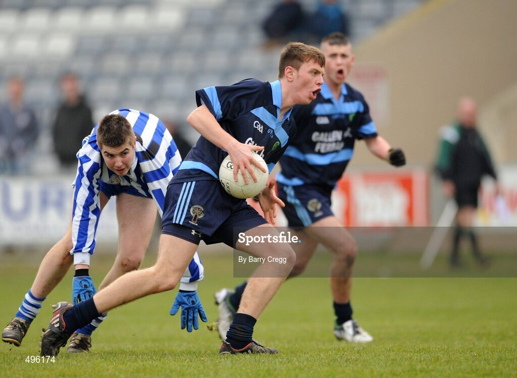 8 March 2011; Joe Maher, Gallen Community School, Ferbane, Co. Offaly, gets past Dean O'Toole, Colaiste Bhride Carnew, Co. Wicklow. Leinster Vocational Schools Senior Football “A” Final, Colaiste Bhride Carnew, Co. Wicklow v Gallen Community School, Ferbane, Co. Offaly, O’Moore Park, Portlaoise, Co. Laois. Picture credit: Barry Cregg / SPORTSFILE