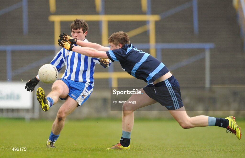 8 March 2011; Aoidh Doyle, Colaiste Bhride Carnew, Co. Wicklow, in action against Ciaran Cahill, Gallen Community School, Ferbane, Co. Offaly. Leinster Vocational Schools Senior Football “A” Final, Colaiste Bhride Carnew, Co. Wicklow v Gallen Community School, Ferbane, Co. Offaly, O’Moore Park, Portlaoise, Co. Laois. Picture credit: Barry Cregg / SPORTSFILE