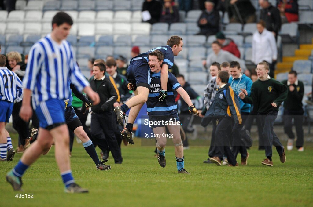 8 March 2011; Leon Fox, Gallen Community School, Ferbane, Co. Offaly, carrys team-mate Eoghan Lowry on his shoulder as they celebrate after the game. Leinster Vocational Schools Senior Football “A” Final, Colaiste Bhride Carnew, Co. Wicklow v Gallen Community School, Ferbane, Co. Offaly, O’Moore Park, Portlaoise, Co. Laois. Picture credit: Barry Cregg / SPORTSFILE