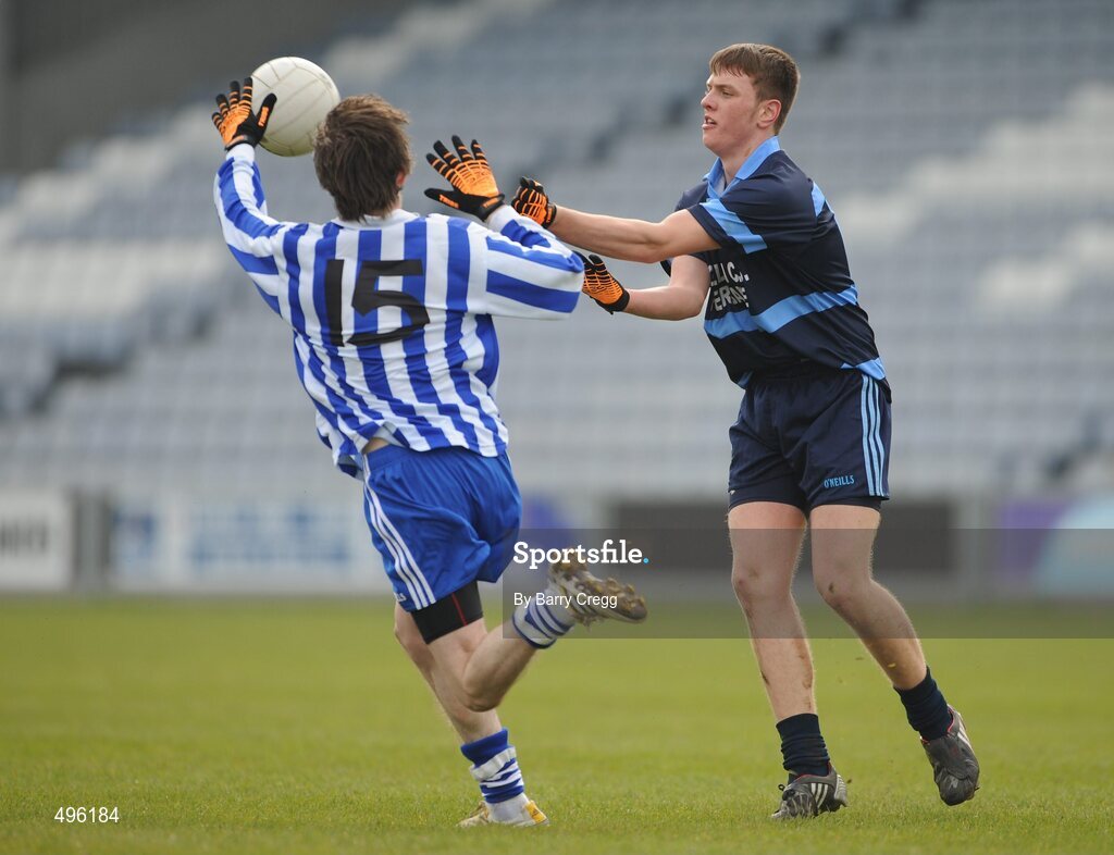 8 March 2011; Joe Maher, Gallen Community School, Ferbane, Co. Offaly, in action against Cormac Doyle, Colaiste Bhride Carnew, Co. Wicklow. Leinster Vocational Schools Senior Football “A” Final, Colaiste Bhride Carnew, Co. Wicklow v Gallen Community School, Ferbane, Co. Offaly, O’Moore Park, Portlaoise, Co. Laois. Picture credit: Barry Cregg / SPORTSFILE