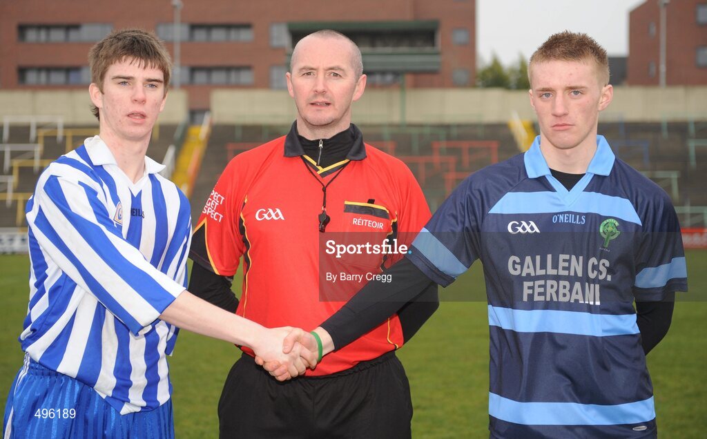 8 March 2011; Colaiste Bhride Carnew, Co. Wicklow, captain Martin O'Brien, left, shakes hands with Gallen Community School, Ferbane, Co. Offaly, captain Conor Lowry with referee Brendan Hickey before the game. Leinster Vocational Schools Senior Football “A” Final, Colaiste Bhride Carnew, Co. Wicklow v Gallen Community School, Ferbane, Co. Offaly, O’Moore Park, Portlaoise, Co. Laois. Picture credit: Barry Cregg / SPORTSFILE