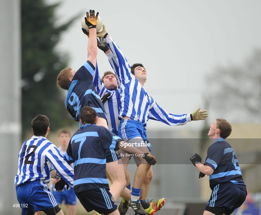 8 March 2011; Conor Levingstone, right, Colaiste Bhride Carnew, Co. Wicklow, and team-mate Aoidh Doyle, centre, contest a high ball against Ciaran Cahill, Gallen Community School, Ferbane, Co. Offaly. Leinster Vocational Schools Senior Football “A” Final, Colaiste Bhride Carnew, Co. Wicklow v Gallen Community School, Ferbane, Co. Offaly, O’Moore Park, Portlaoise, Co. Laois. Picture credit: Barry Cregg / SPORTSFILE