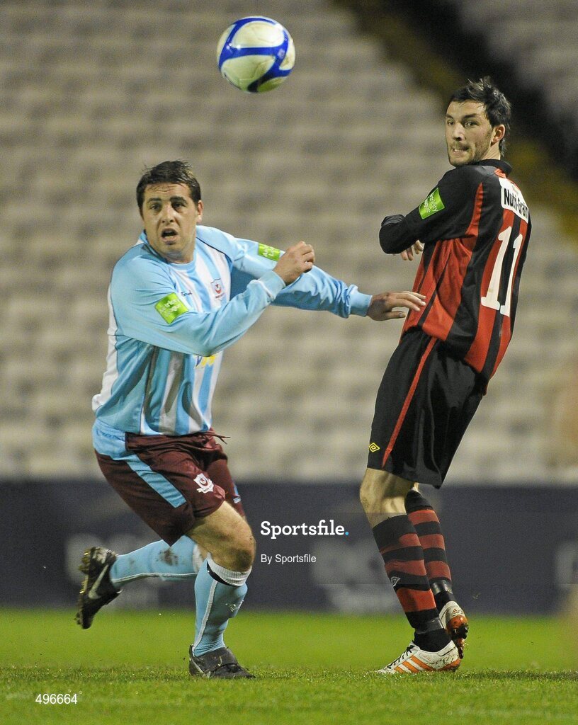 11 March 2011; Killian Brennan, Bohemians, in action against John Lester, Drogheda United. Airtricity League Premier Division, Bohemians v Drogheda United, Dalymount Park, Dublin. Photo by Sportsfile