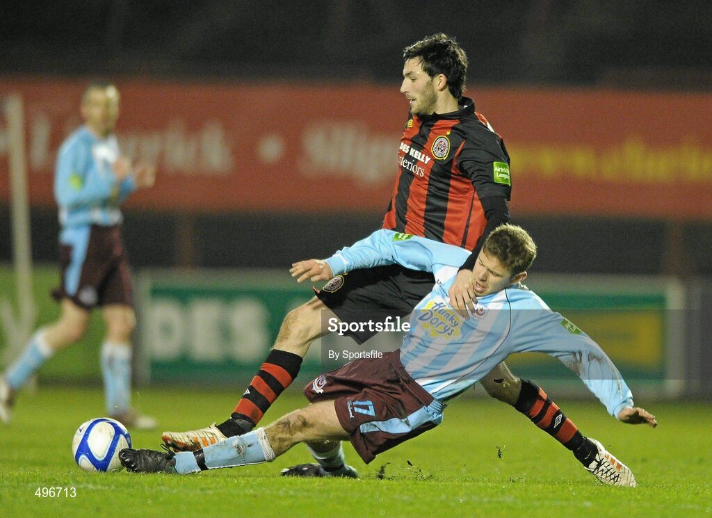 11 March 2011; Killian Brennan, Bohemians, in action against Karl Somers, Drogheda United. Airtricity League Premier Division, Bohemians v Drogheda United, Dalymount Park, Dublin. Photo by Sportsfile