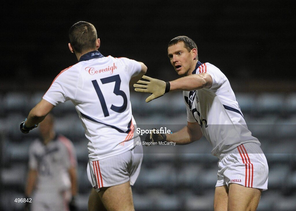 12 March 2011; Pearse O'Neill, Cork, celebrates with team-mate Daniel Goulding, left, after scoring his side's first goal. Allianz Football League, Division 1, Round 4, Cork v Down, Pairc Ui Rinn, Cork. Picture credit: Stephen McCarthy / SPORTSFILE